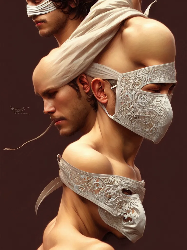 Image similar to ultra realistic illustration, a male with fabric mask, intricate, elegant, highly detailed, digital painting, artstation, concept art, smooth, sharp focus, illustration, art by artgerm and greg rutkowski and alphonse mucha