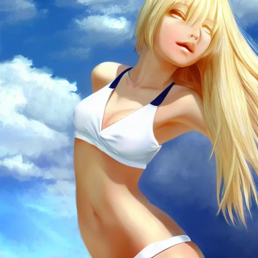 Image similar to tiny father a tall daughter picture : a very beautiful young blond anime girl, sky blue eyes, bikini, white miniskirt, highly detailed, cinematic wallpaper by stanley artgerm lau