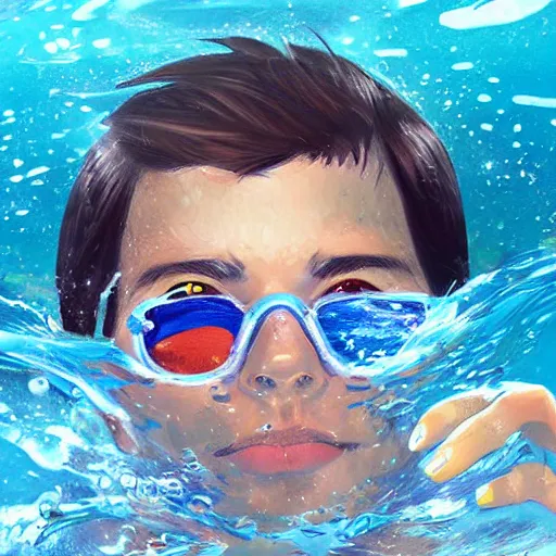 Prompt: painting of an underwater selfie from a brown haired male lifeguard. Kuvshinov ilya. Sakimichan.