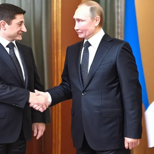 Prompt: putin shaking hand with zelensky