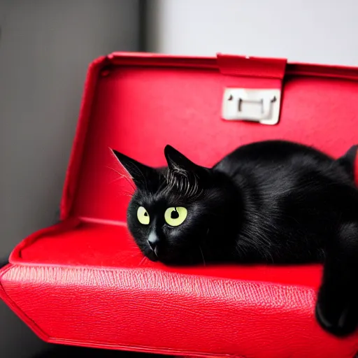 Prompt: black cat, in a red bag, playful, realistic, cute, photo quality, well lit
