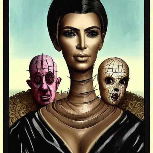 Image similar to Family portrait of Kim Kardashian and her husband pinhead from 'Hellraiser!'. with their 3 children. illustration, highly detailed by Greg Rutkowski