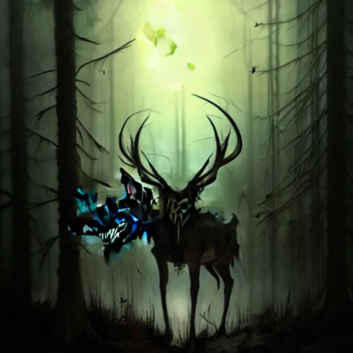 Prompt: in the style of artgerm, peter mohrbacher, rafael albuquerque, arthur rackham, wendigo, in the forest emerging from the shadows, deer skull face, antlers, fog, full moon, moody lighting, horror scary terror