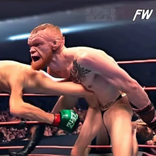 Image similar to gollum smeagol wrestling with conor mcgregor, ultra detailed, ultra realistic