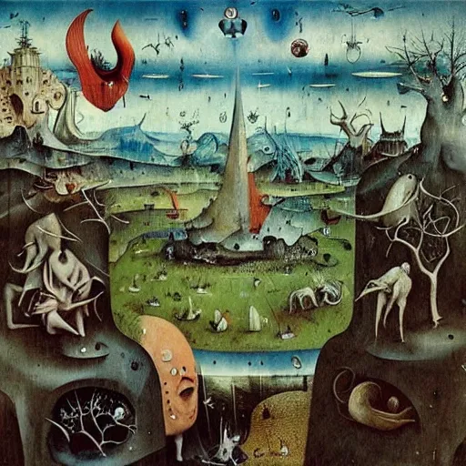 Prompt: hieronymous Bosch surreal landscape, artwork by Daniel Merriam,