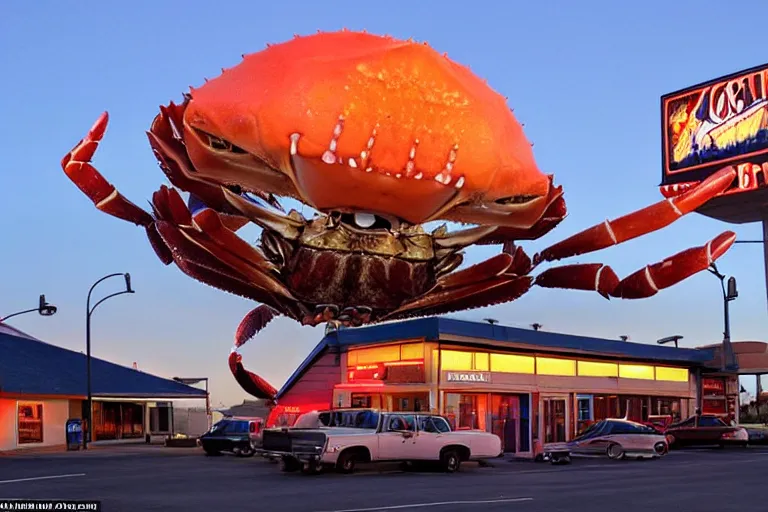 Image similar to giant crab attacking a california drive in, in 2 0 1 2, bathed in the the glow of the sunset, low - light photograph, in style of ansel adams