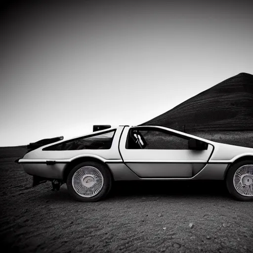 Prompt: a monochromatic sepia photograph of a delorean on the oregon trail, trending on art station,