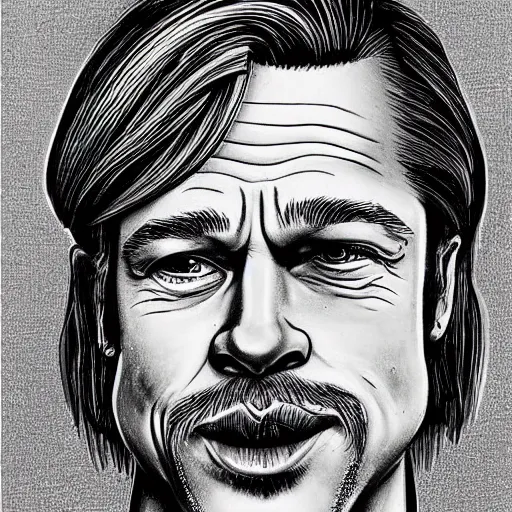 Prompt: a portrait drawing of Brad Pitt by Robert Crumb