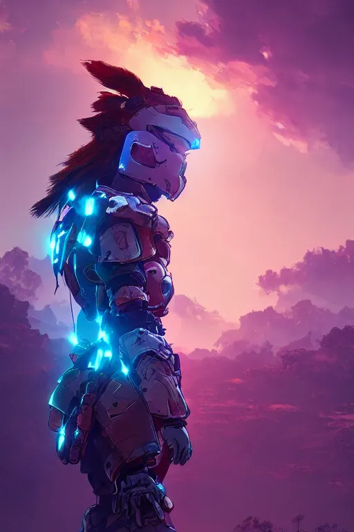 Image similar to combination suit armor aloy horizon forbidden west horizon zero dawn radiating a glowing aura global illumination ray tracing hdr fanart arstation by ian pesty and alena aenami artworks in 4 k tribal robot ninja mask helmet backpack