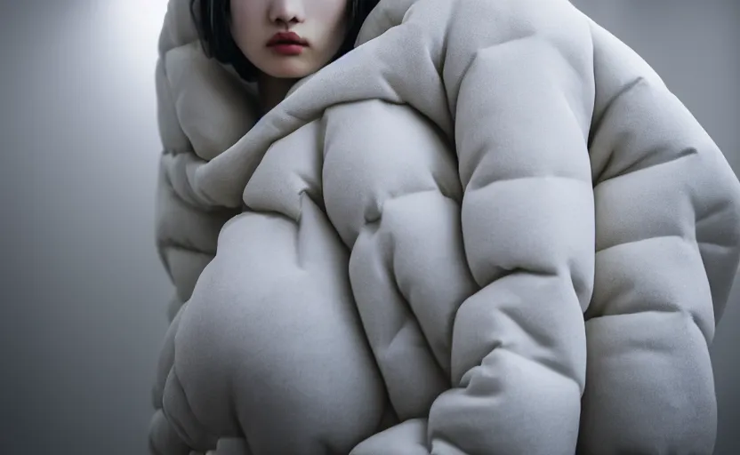 Image similar to well lit fashion shoot portrait of extremely beautiful female marble statue wearing huge over size puffer jacket by dingyun zhang, yeezy, balenciaga, vetements, a cold wall, sharp focus, clear, detailed,, cinematic, detailed, off white, glamourous, symmetrical, vogue, editorial, fashion, magazine shoot, glossy