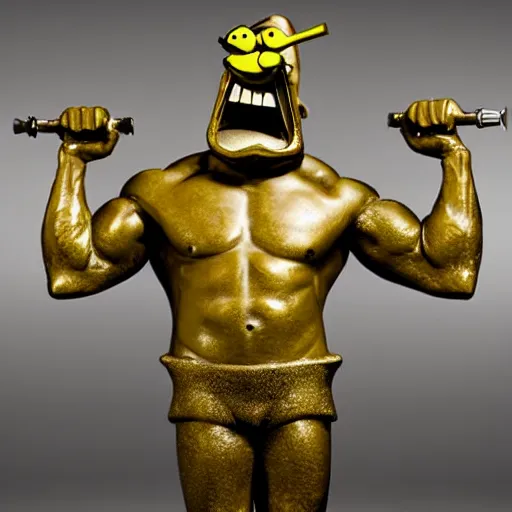 Image similar to a bronze statue of Spongebob Squarepants, extremely muscled , studio lighting