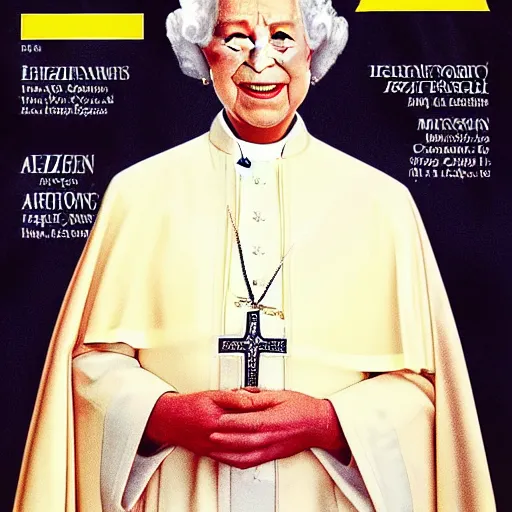 Prompt: magazine cover photo of Elizabeth II as the new pope, portrait photo by Slim Aarons in TIMES magazine cover photo, color