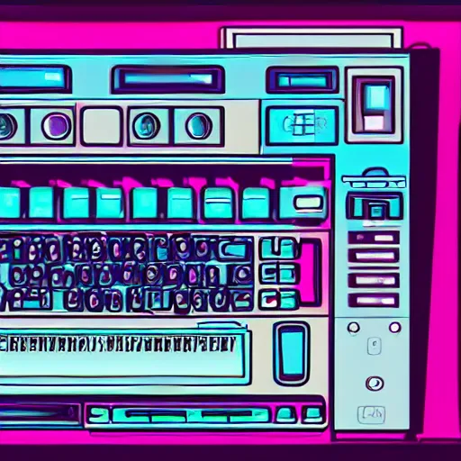 Image similar to A computer from the 90s in the style of vaporwave