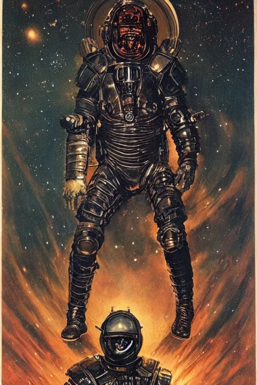 Prompt: portrait of massive warrior wearing combat scifi leather battle armour, space nebula milky way in background, by norman rockwell