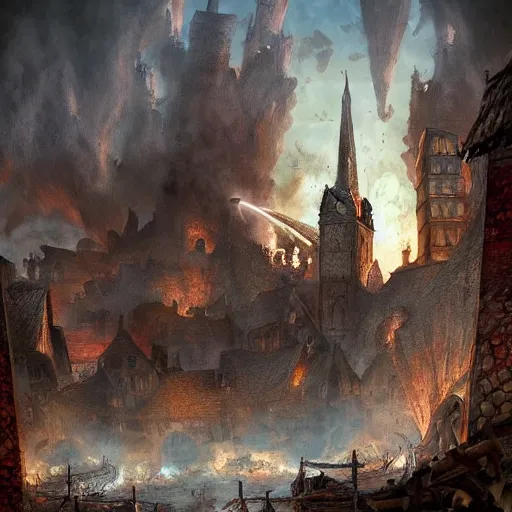 Image similar to medieval town destroyed by a dragon, artwork, smoke, fire, digital art