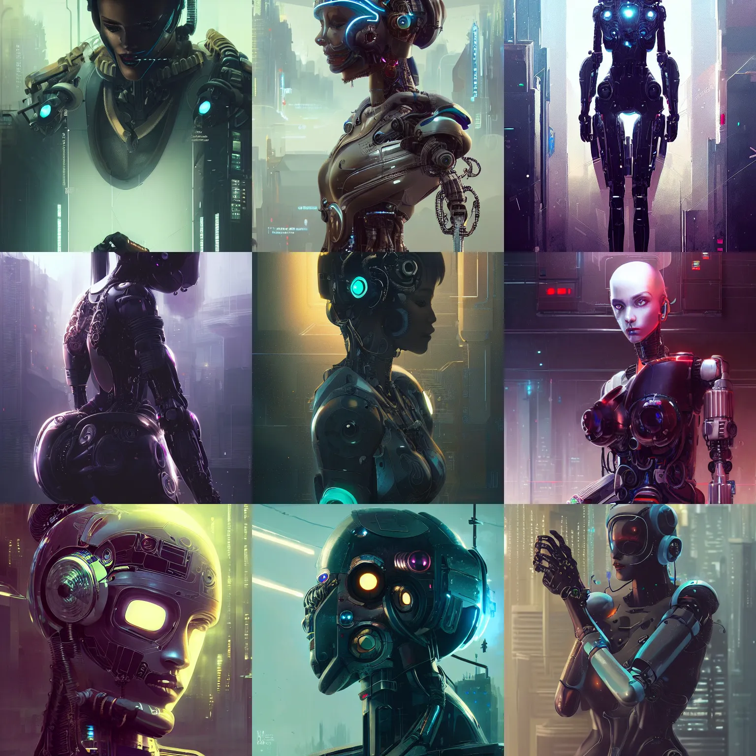 Prompt: a detailed cyberpunk robot, female, sleek, detailed and intricate, filigree, cinematic movie poster, dynamic lighting in the style of greg rutkowski and sakimichan, trending on artstation