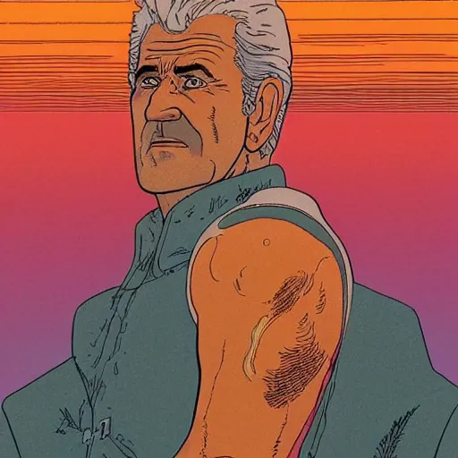 Image similar to mel gibson retro minimalist portrait moebius starwatcher comic by jean giraud, 8 k