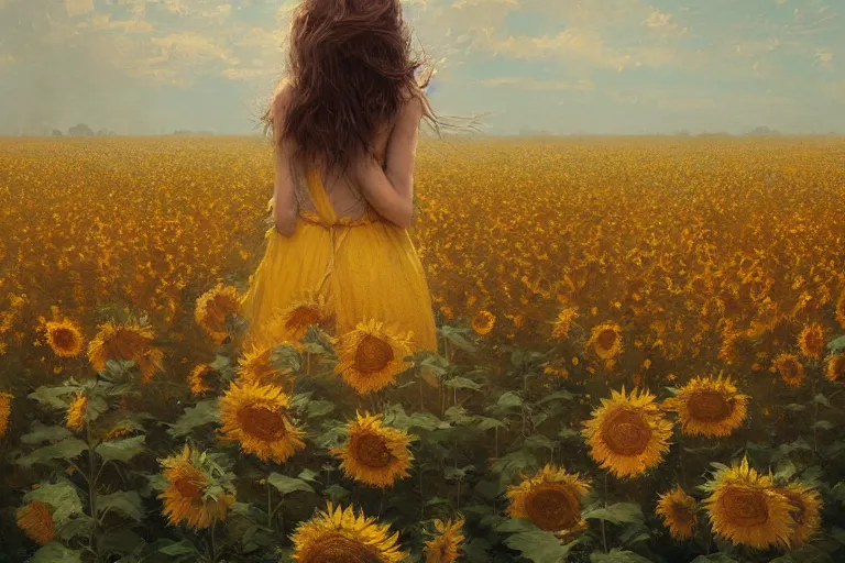 Image similar to a beautiful painting of the sea of sunflowers, girl, by greg rutkowski, trending on artstation