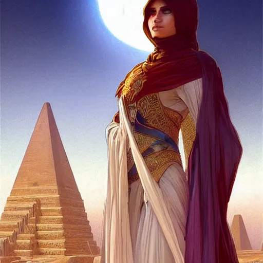 Prompt: portrait of isis as a beautiful cloaked sorceress, half body, perfect face, intricate, elegant, highly detailed, digital painting, artstation, concept art, smooth, sharp focus. temples towers and pyramids in the background. tiny people below. illustration, art by artgerm and greg rutkowski and alphonse mucha