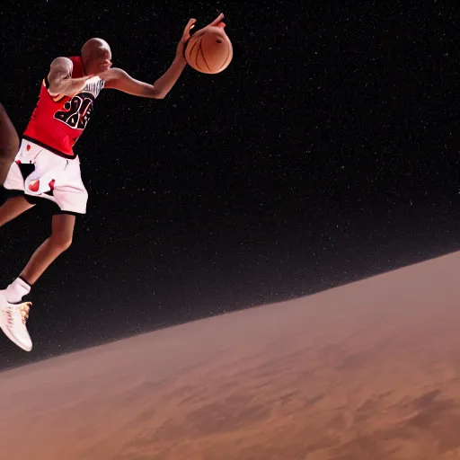 Image similar to michael jordan flying to mars with basketball, clear shot, photo shoot, realistic 8 k