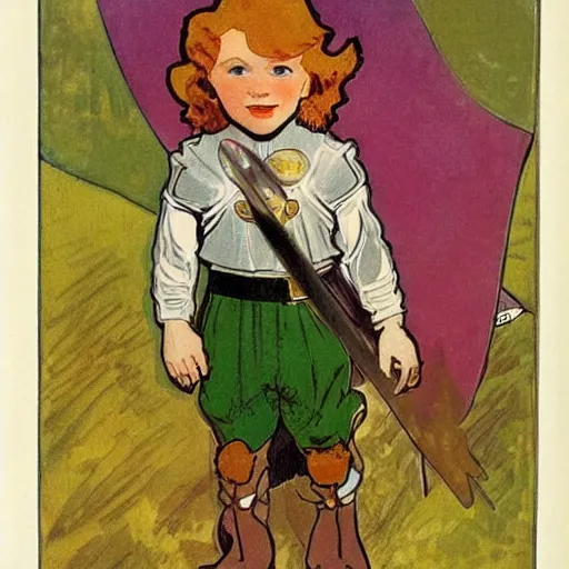 Prompt: a little boy with a mischievous face and short ginger hair. he is dressed as a knight. well composed, clean elegant painting, beautiful detailed face. by steve ditko and jack kirby and alphonse mucha