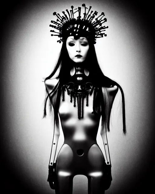 Image similar to dreamy surreal poetic black and white photo of a beautiful young bio-mechanical-female-jellyfish-cyborg-plastic-robot with a very long neck and a super big gothic lace collar and a very high big floral crown with many black dry roses by Vivienne Westwood:: smoke, high fashion, haute couture, rococo, avant-garde, elegant, dreamy, hyper realistic, 150 mm lens, soft rim light, octane render, unreal engine, picture was taken in 1910 by Dora Maar, volumetric lighting, dramatic light,8k,