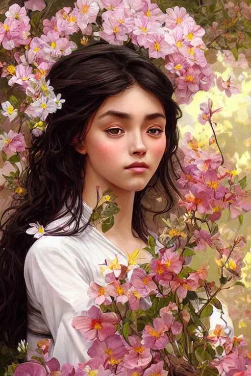 Prompt: ultra realistic illustration, mexican girl with flowers blossoming, elegant, highly detailed, digital painting, concept art, smooth, sharp focus, illustration, art by artgerm and greg rutkowski and alphonse mucha