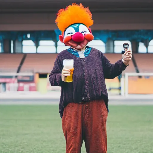 Image similar to silly little grumpy man clown with a beer in front of a soccer match, kodak photo