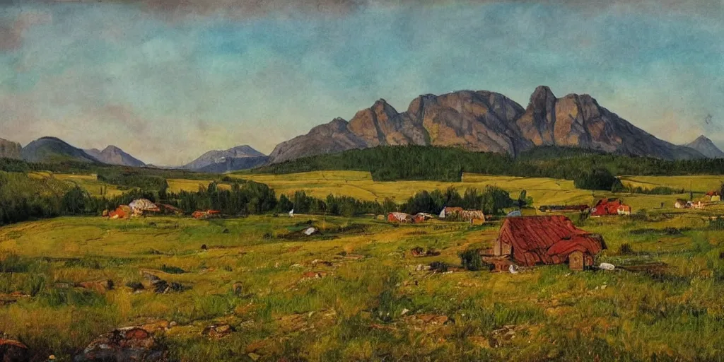 Image similar to dramatic swedish country side, mountains in the background, dramatic lighting, in the style of carl larsson