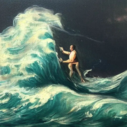 Image similar to a painting of a man drowning in an ocean full of waves