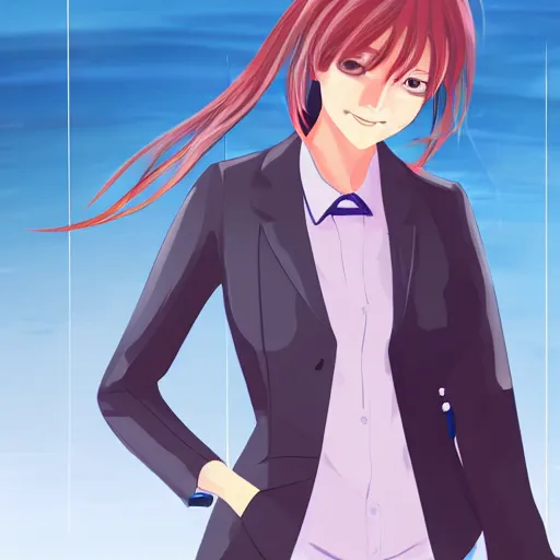 Prompt: a girl wearing a business suit, she is near a swimming pool, anime art, digital painting, smooth, hd, elegant