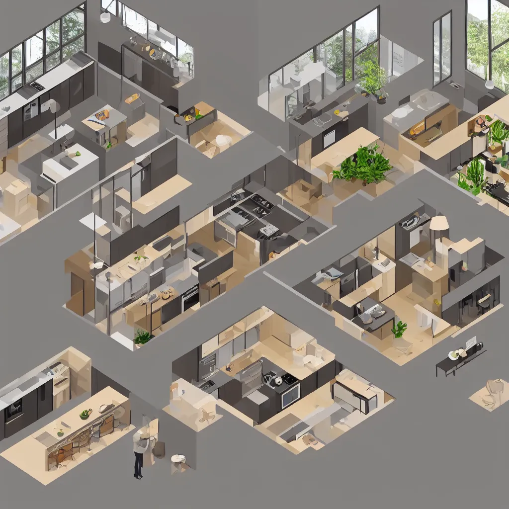 Prompt: isometric view of a kitchen and open plan living room inside a house