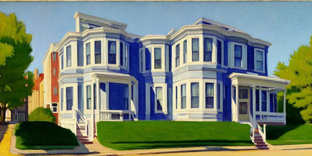 Prompt: google street view of ( 1 0 3 dempster street evanston illinois ), painted by edward hopper