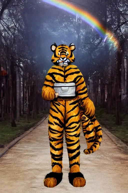 Prompt: Male anthropomorphic Furry Tiger as Police ,fullbody, Rainbow Background, 8k Photo Realistic