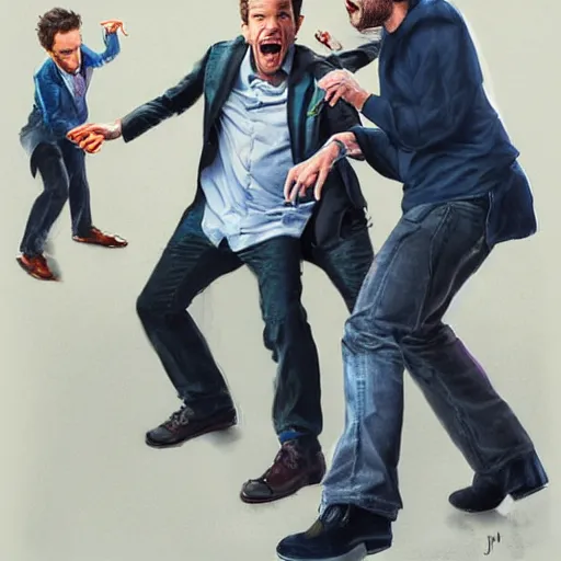 Prompt: Neil Patrick Harris fighting Josh Radnor, concept art, highly detailed, photo realistic