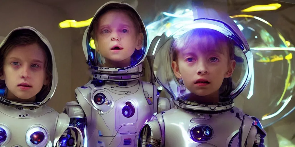 Image similar to futuristic children with rgb ambient lighting eye implants. the children wears spacesuits, and explores the cosmos rocket powered motorcycles. science fiction blockbuster movie teen nebulous or my robot ate my homework, dramatic lighting, interstellar film ( 2 0 1 4 )