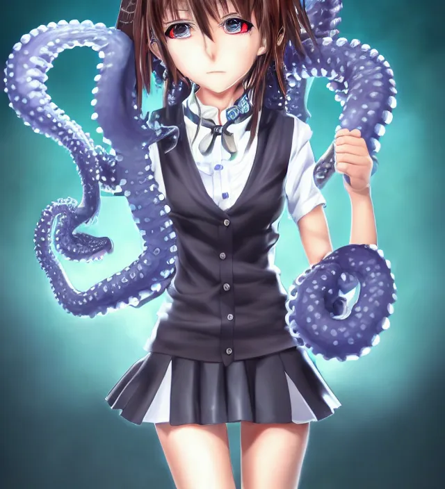 Image similar to hd 3 d rendered anime game portrait of a cute young schoolgirl complicated tentacle monster demons future downtown in ishikawa ken miura kentaro gantz devilman frank miller jim lee alex ross style detailed trending award winning on flickr pixiv artstation