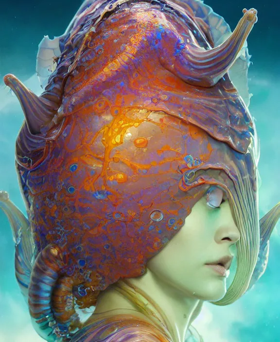 Image similar to intricate colorful transparent portrait of a terrifying beautiful alien sea slug, horns, mottled coloring, adorable, childlike, anxiety environment, ultra realistic, concept art, art nouveau, photorealistic, octane render, 8 k, unreal engine. art by christopher marley and artgerm and greg rutkowski and alphonse mucha