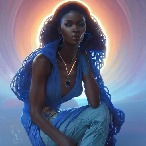 Image similar to Portrait of very very very very very very beautiful african woman, spacesuit, blue eyes, intricate, elegant, highly detailed, digital painting, artstation, concept art, smooth, sharp focus, illustration, art by artgerm and greg rutkowski and alphonse mucha