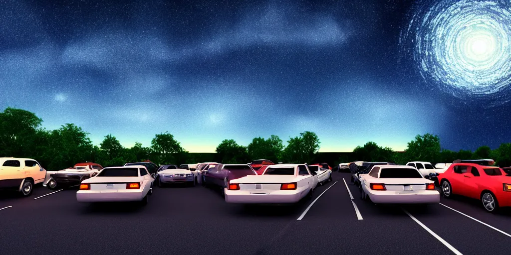 Image similar to a drive in movie theater with row of parked cars, detailed, volumetric lighting, starry night, dusk