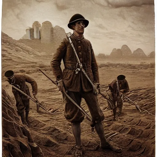 Prompt: ultra detailed photorealistic sepia - toned painting from 1 9 1 7, a british officer in field fear standing at an archaeological dig site in wadi rum, ultra realistic, painted, intricate details, lovecraft, atmospheric, dark, horror, brooding, highly detailed, by angus mcbride