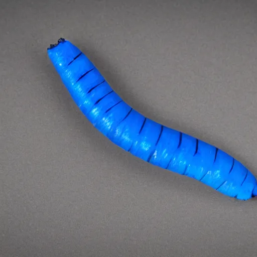 Image similar to studio photograph of a matte dark gray worm with a neon blue head and tail