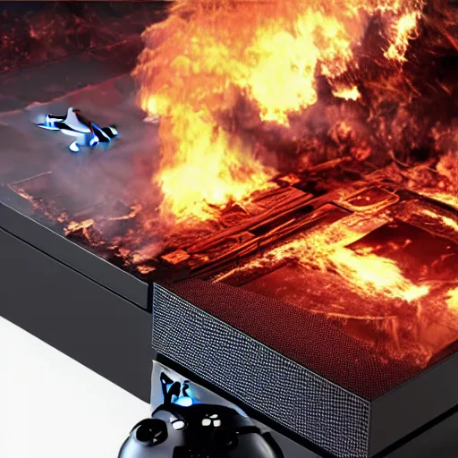 Prompt: Xbox console in fire, 3d, realism