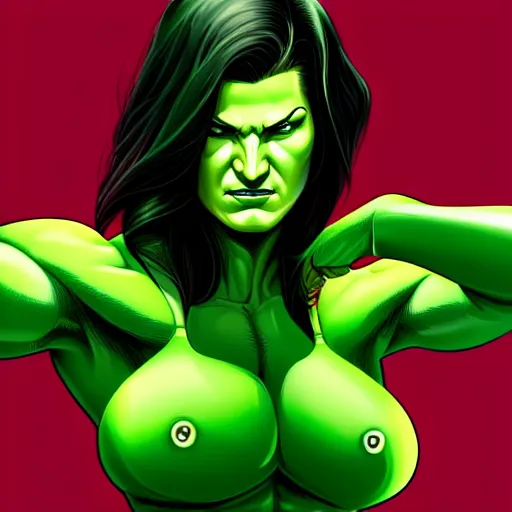 Image similar to beautiful Gina Carano skinny thin She Hulk green skin, symmetrical, middle shot, portrait, highly detailed, digital painting, artstation, concept art, smooth, sharp focus, illustration