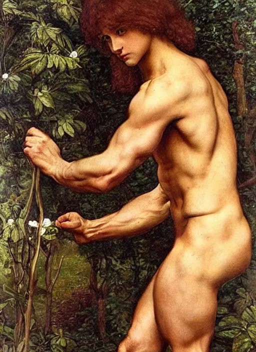 Prompt: Pre-Raphaelite young beautiful muscular male