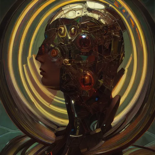 Image similar to portrait of a beautiful male android, coy, circuitry visible in head, in the style of ex machina, karol bak, alphonse mucha, greg rutkowski, award winning, hr giger, artstation