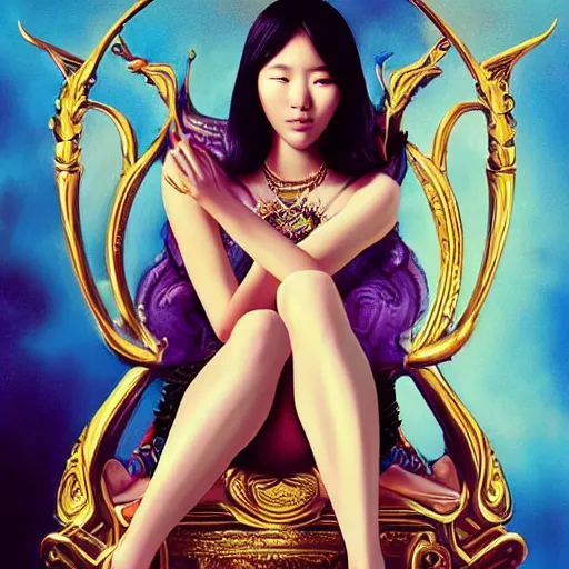 Image similar to portrait of a beautiful young asian woman with shoulder length hair and strong facial bone structure, queen and ruler of the universe, sitting on her throne, men kneeling at her feet, painting by ross tran