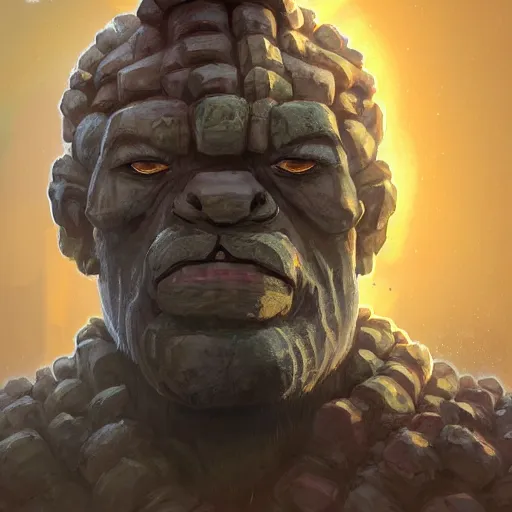 Prompt: a giant rock golem with a glowing gem in his forehead and an african pygmy shamn on his shoulder, Apex Legends character digital illustration portrait design, by android jones, detailed, cinematic lighting, wide angle action dynamic portrait