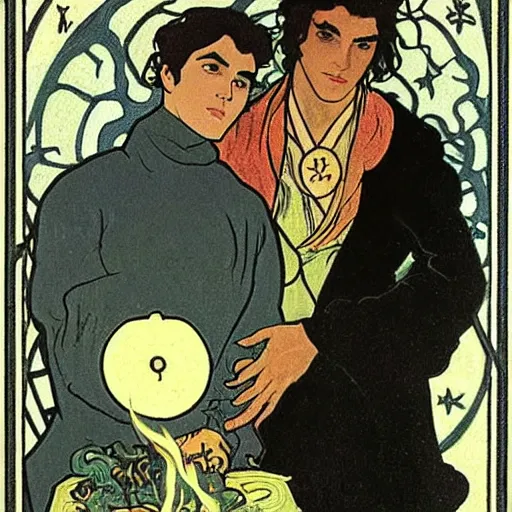 Image similar to tarot card of young cute handsome beautiful dark medium wavy hair man in his 2 0 s named shadow taehyung and cute handsome beautiful min - jun together at the halloween party, bubbling cauldron, candles, smoke, autumn colors, elegant, stylized, soft facial features, delicate facial features, art by alphonse mucha, vincent van gogh, egon schiele