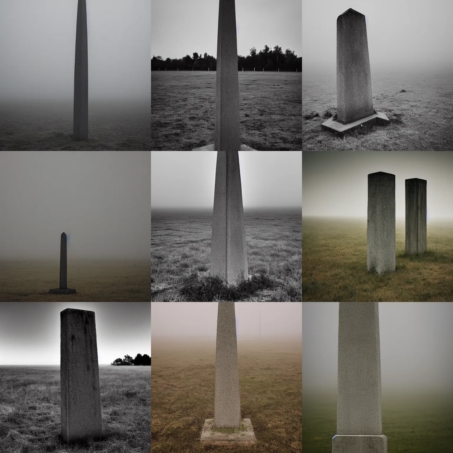 Prompt: Photo of an abandoned concrete obelisk in a barren field, overcast and dense fog